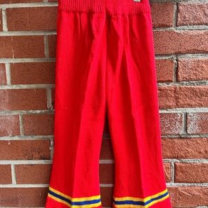 Vintage Kids Red Knit Bell Bottoms Elastic Waist Yellow and Blue Stripes at Hem